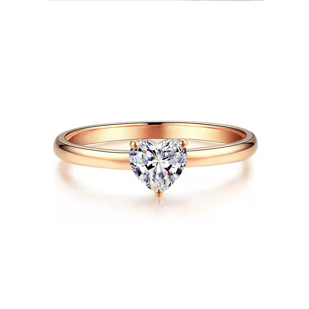 Champagne Gold Plated Cubic Zirconia Claw Pave S925 Sterling Silver Engagement and Wedding Heart Rings for Women Jewelry