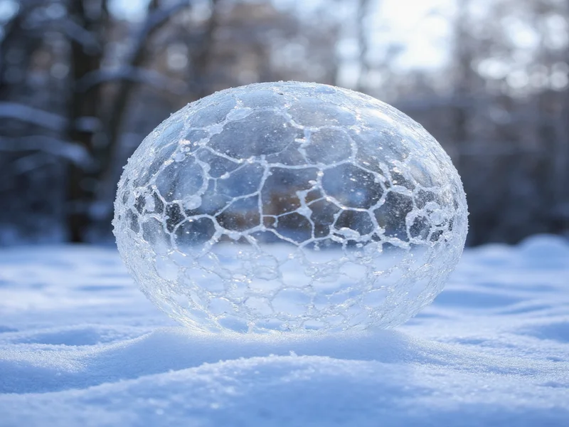Frozen soap bubble showing ice crystal patterns on snowy ground