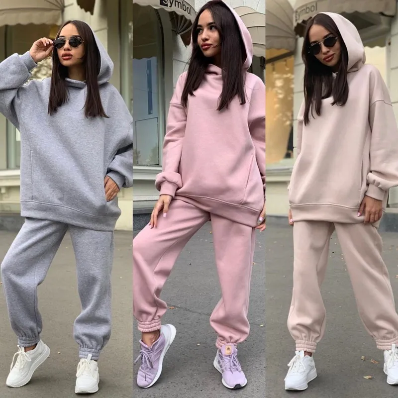 

Solid Cotton Sweatshirts Hoodies Track Pants Joggers Women Tracksuits Two Piece Sweatpants Sweatsuits Female Hoodie Set, As picture