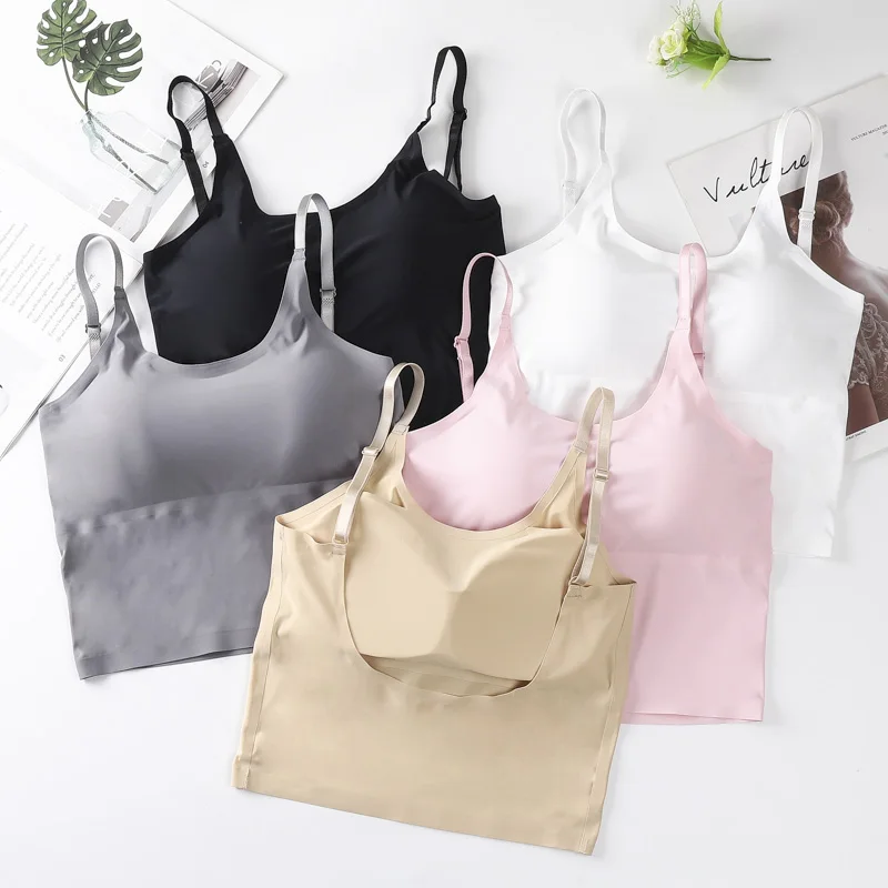 

Summer soft nylon ice silk one piece U beauty back tank top bras seamless sleep sling bra camisole with bra removable padded, 4 colors for you choose