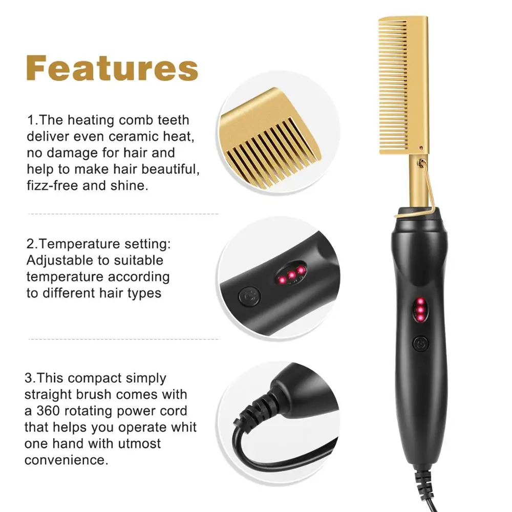 

AliLeader New Arrival Ceramic Pressing Comb 360 Degree Cord High Heat Professional Electric Hair Straightener Hot Comb, Black, gold, green, pink