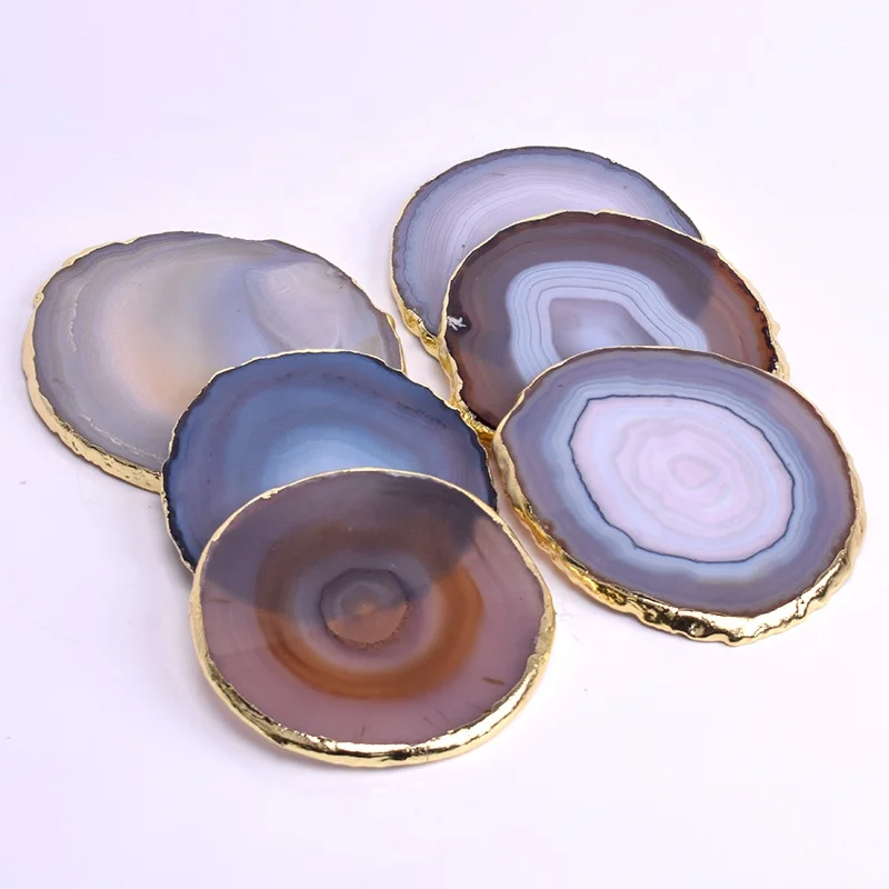 
Gold Plated Polished Large Small Blue Red Purple Black Green Wholesale Natural Coaster Stone Agate Slices 