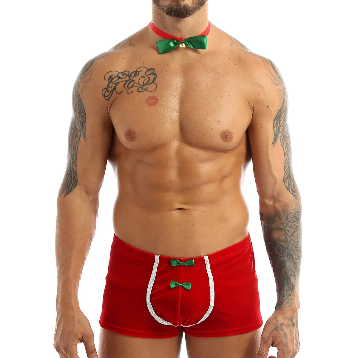 

Plus Size Men Soft Velvet Christmas Holiday Fancy Cosplay Costume Mid Rise Front Bulge Pouch Boxer Shorts Underwear with Bowtie