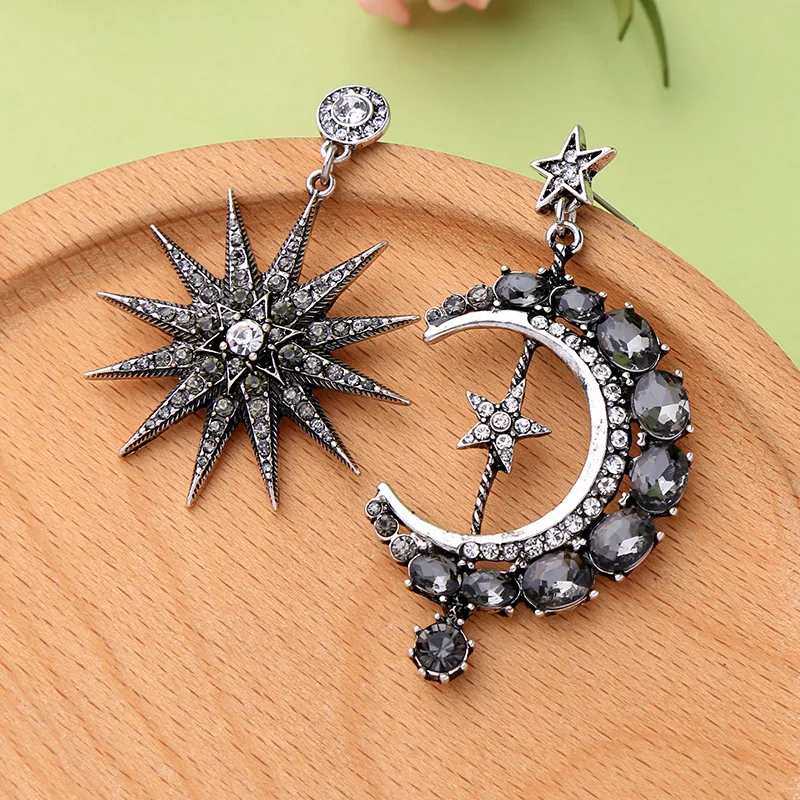 

EM1110 Hot Sale Crystal Pave Moon Crescent and Star Mismatched Dangle Earrings for Women