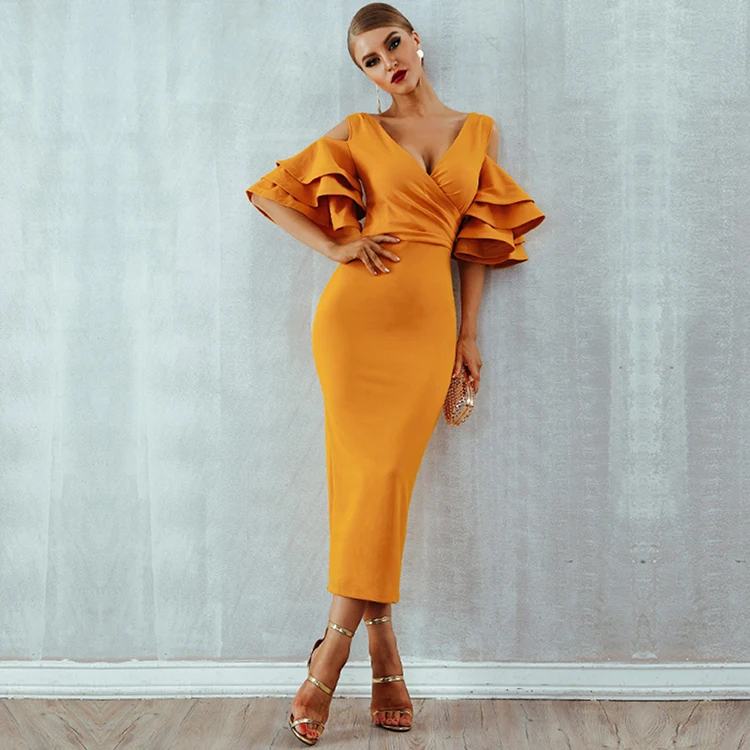 
2019 Hot Selling Yellow V Neck Long Women Elegant Dress On Trendy 