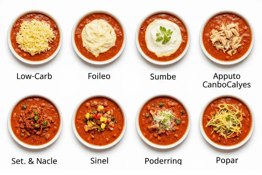 Variations of crock pot stuffed pepper soup showing low-carb, spicy, and creamy versions with appropriate toppings