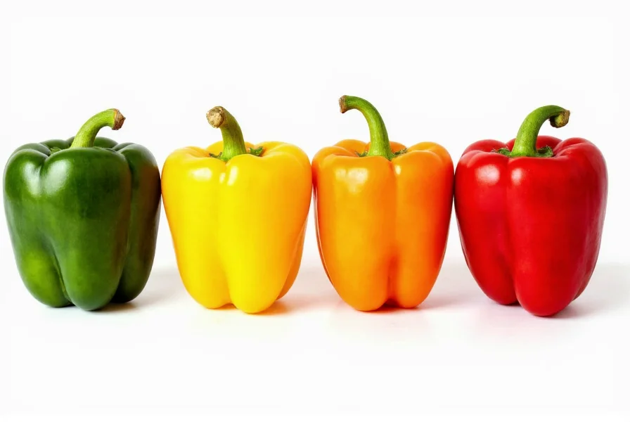Colorful comparison of green, yellow, orange, and red bell peppers showing nutritional differences