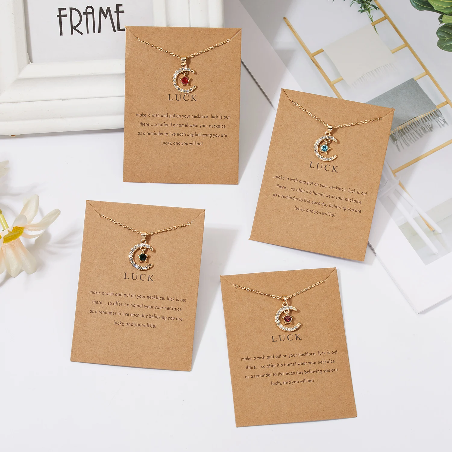 

Birthstone Jewelry Moon And Star Necklace Women Chain Necklaces Wholesale Gold Plated Personalized Jewellery With Card, Multi