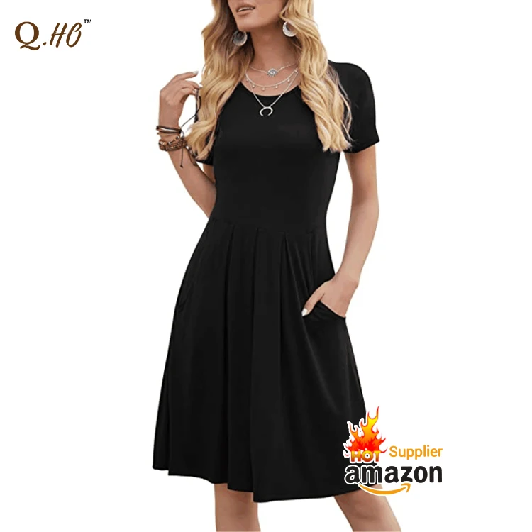 

Solid Color Short Sleeve Knee Length Casual Ladies Dress Evening Dresses