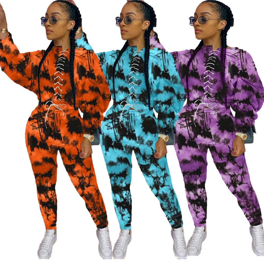 

EB-20092825 Hot Sale Tie Dye 2 Piece Set Women Sweatsuit Set Bandage Women Sets Two Piece