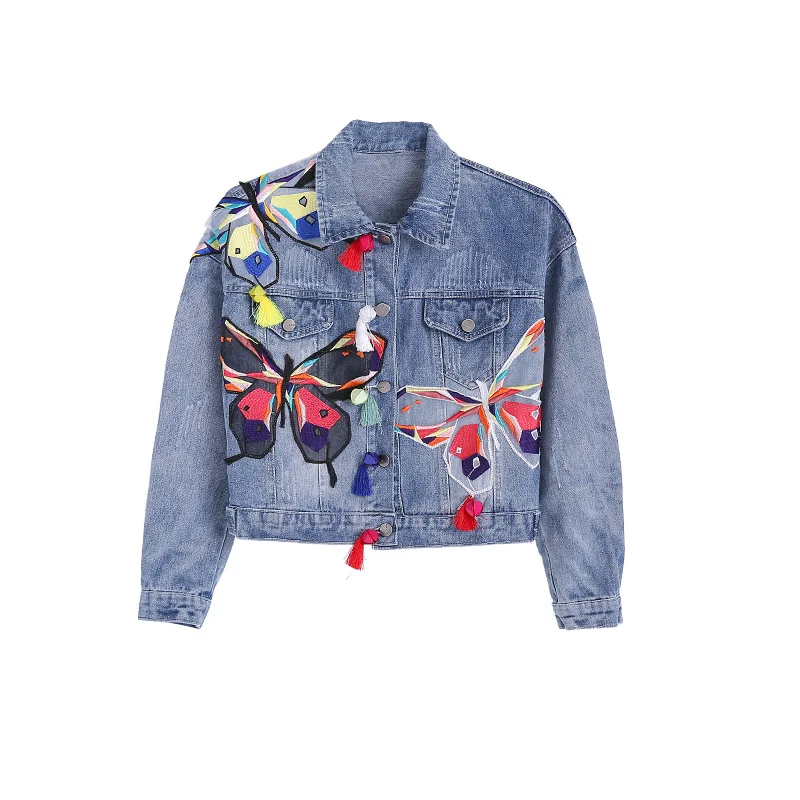 

Single-breasted embroidered denim short jacket women's butterfly pattern long-sleeved top women