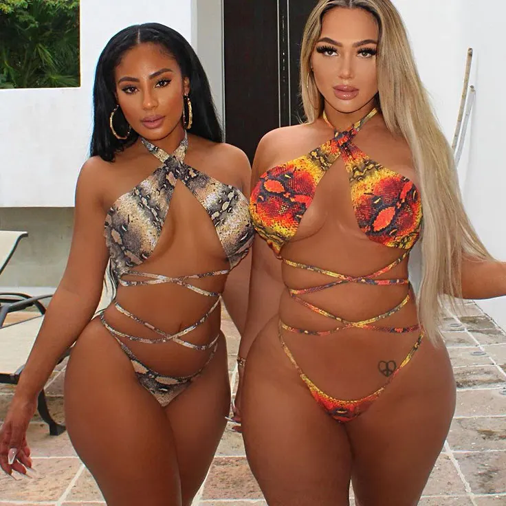 

FS3752A New fashion halter bikinis snake print beachwear women plus size swimwear