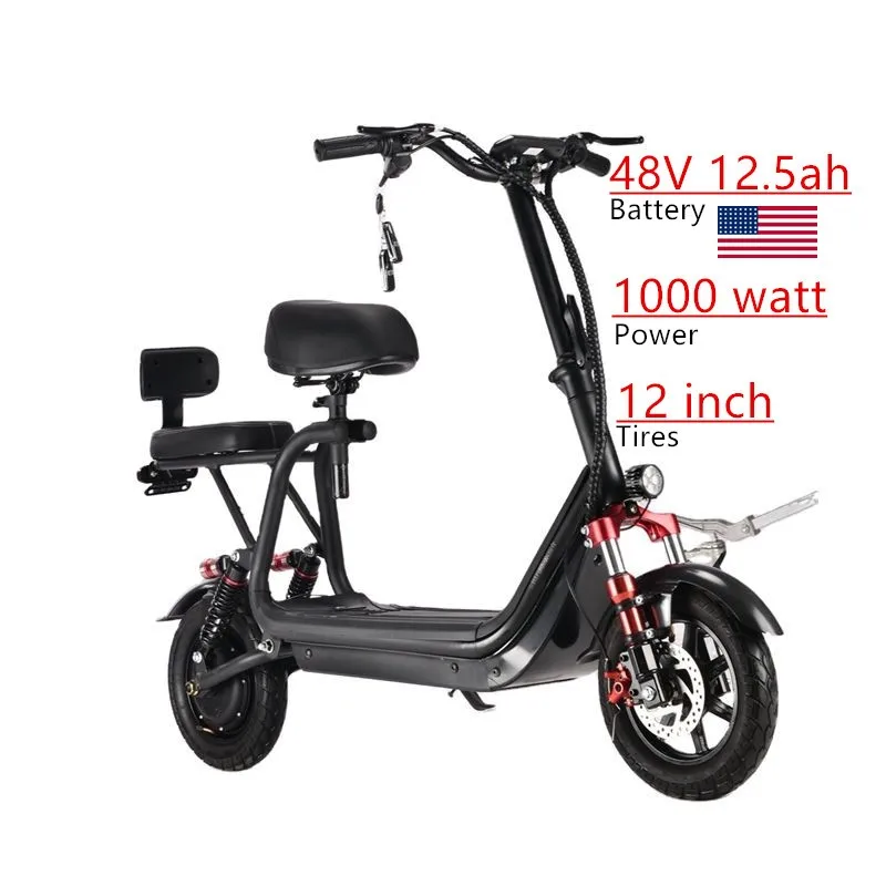 

USA free shipping hot sale 12 inch 48V 12.5ah electric scooter bike wholesale e bikes rear 48v 1000w electric bicycle powerful