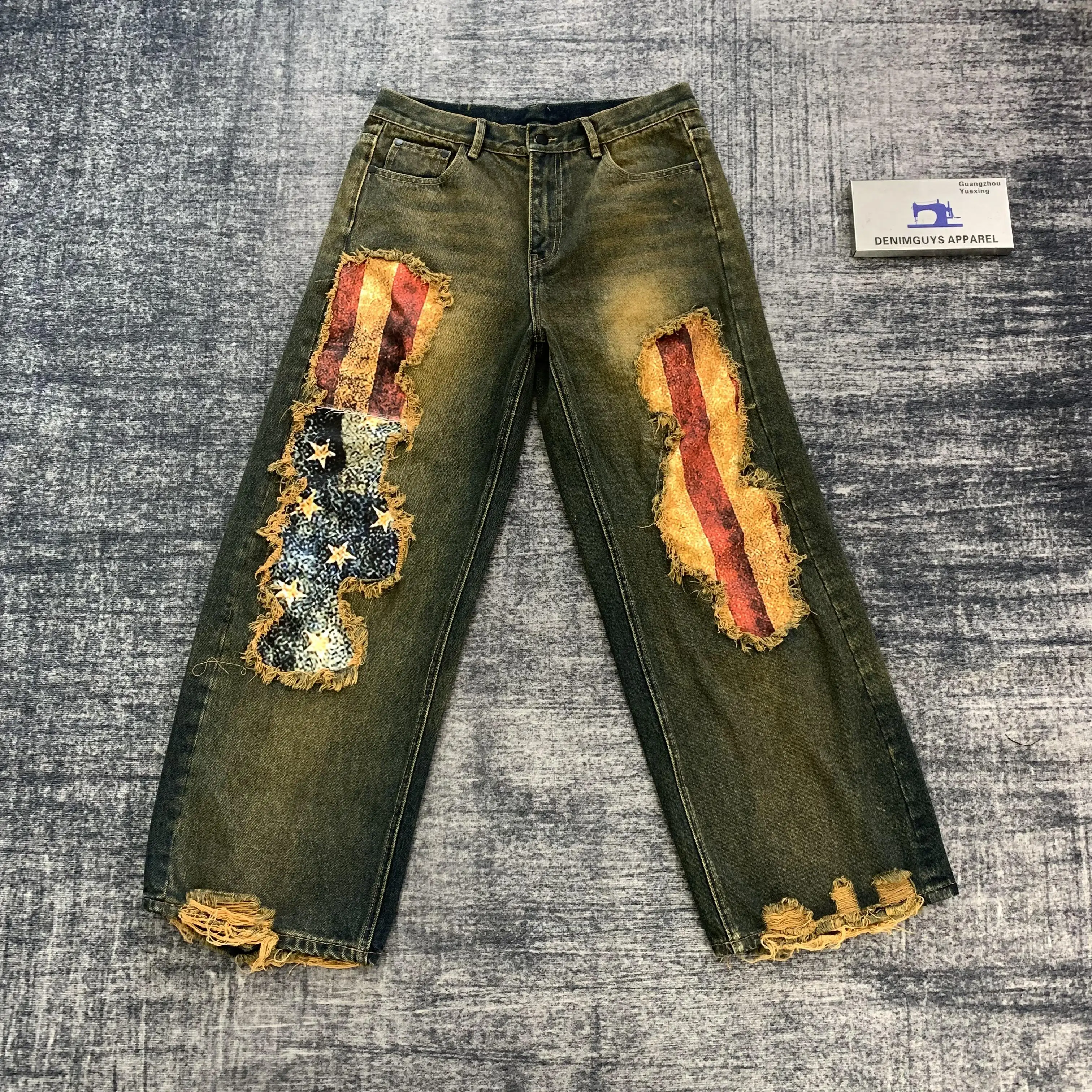 DENIMGUYS Custom Hand Made Men's Luxury Digital Printing Patch Denim Pants Jeans Customization Applique Distressing Jeans Men