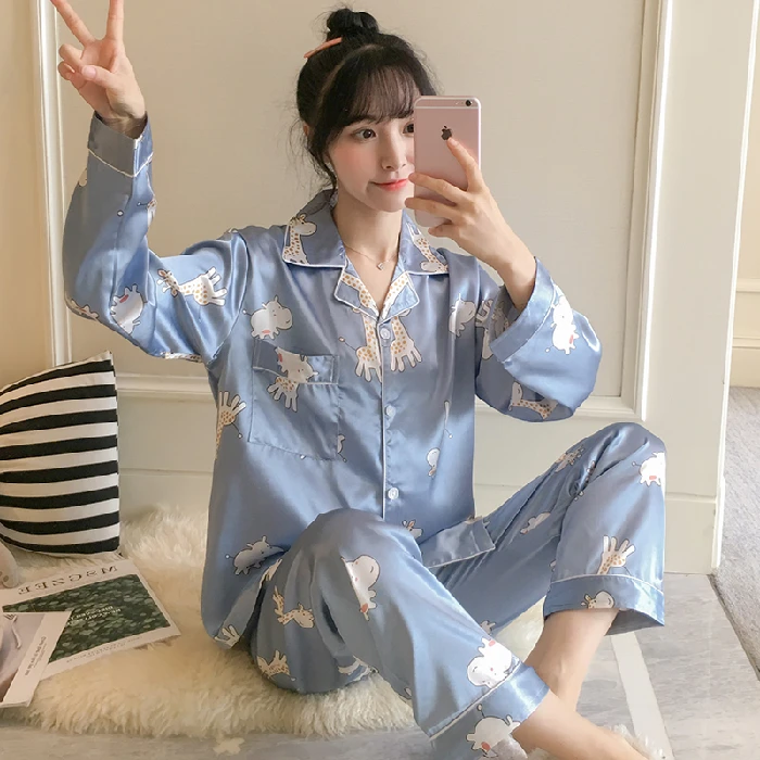 

Women's satin pajamas silk long sleeve with trousers 2pcs set sweet Korean luxury style cartoons house wear women's sleepwear