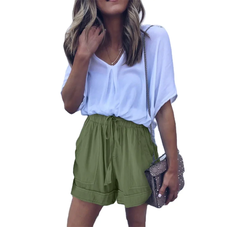 

New European and American high waist belt loose shorts,Ladies casual tencel shorts, Green, black, blue, pink, dark blue, orange, army green