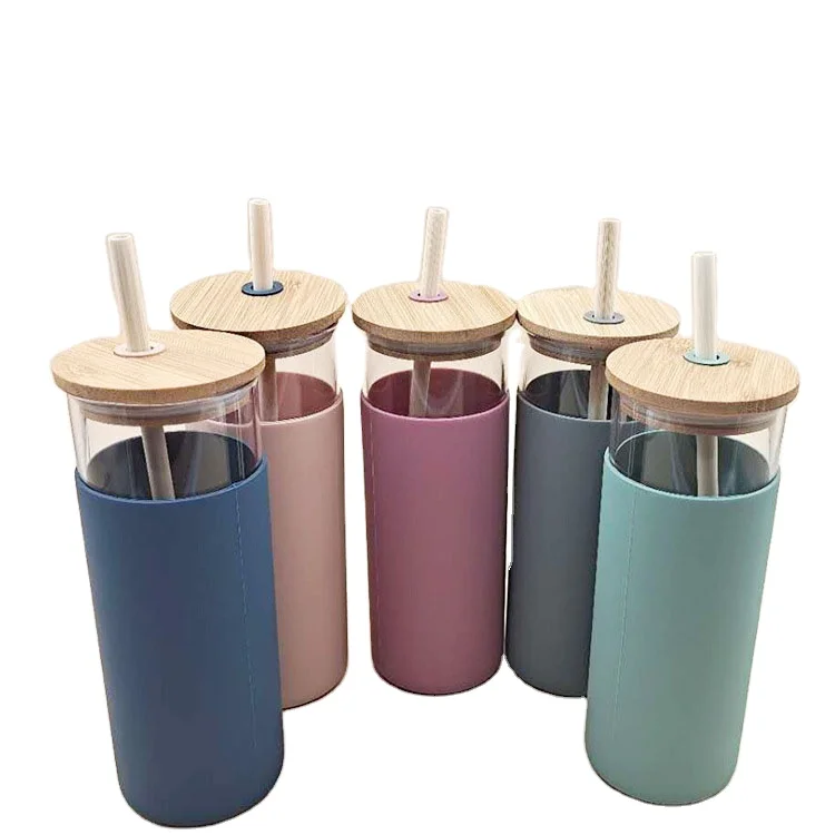 

Custom wood bamboo lid silicone sleeve glass water bottle with straw