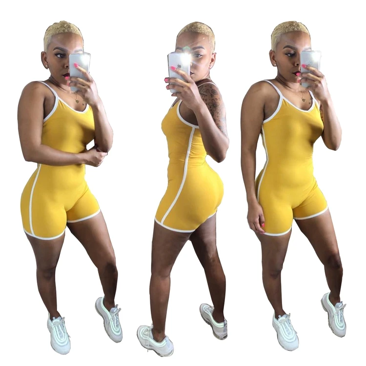 

Summer simple solid suspender sports short bodycon jumpsuit ladies