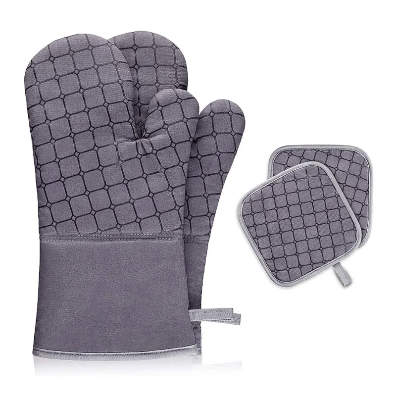 

High Temperature Resistant Kitchen Baking Pot Holder Cooking Silicone Bbq Glove Add Cotton Oven Mitts, Black,gray,red