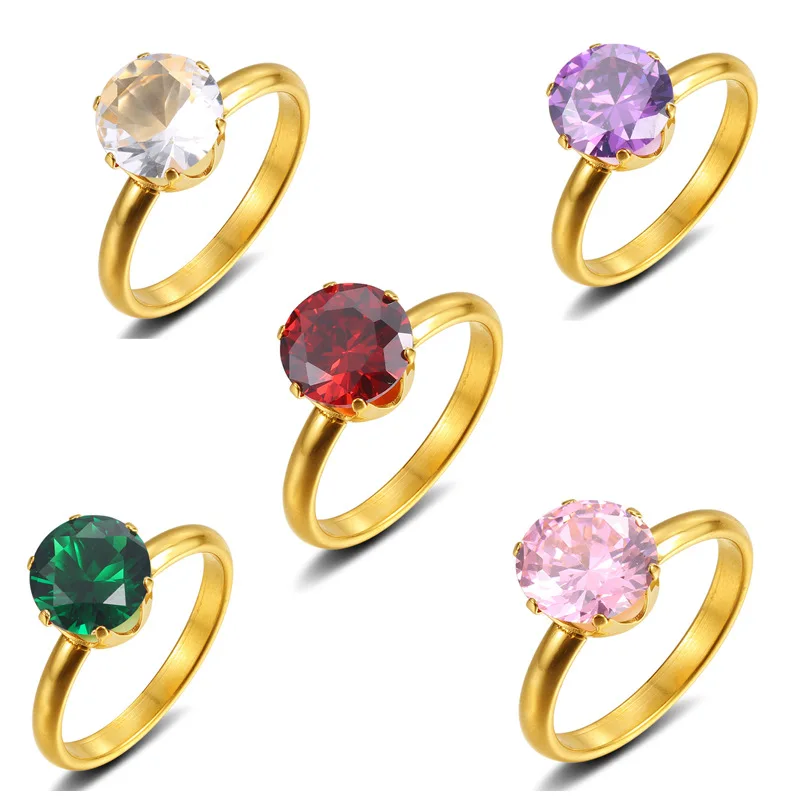 

Hainon Stainless steel rings simple design round pink white crystal High quality polishing women's rings wholesale