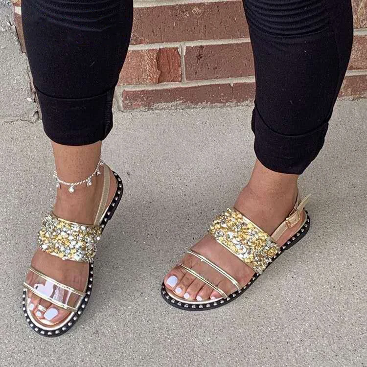 

Simple Casual Style Flat Summer Comfortable Shoes Sequin Transparent Outdoor For Ladies Women Sandals