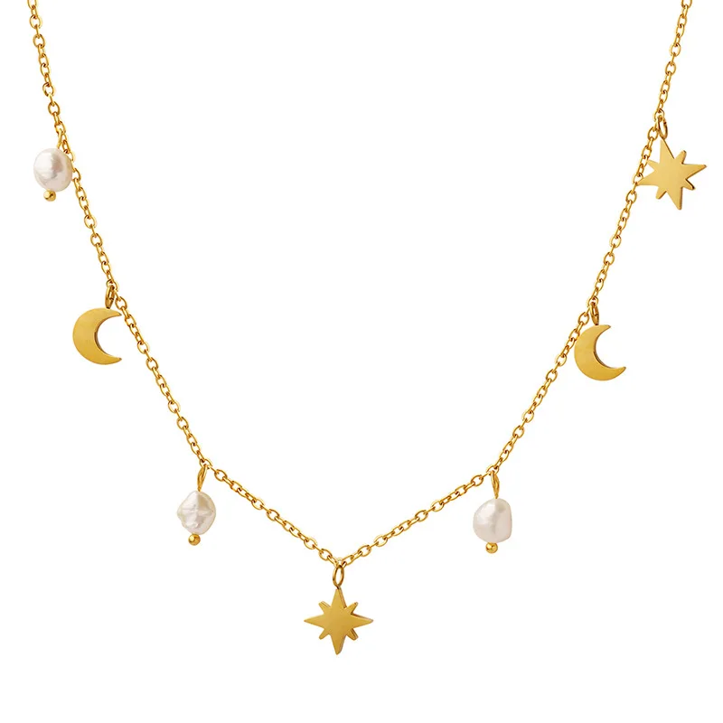

Fine Jewelry Stainless Steel Gold Plated Moon Freshwater Pearls With Eight Mang Star Charm Necklace