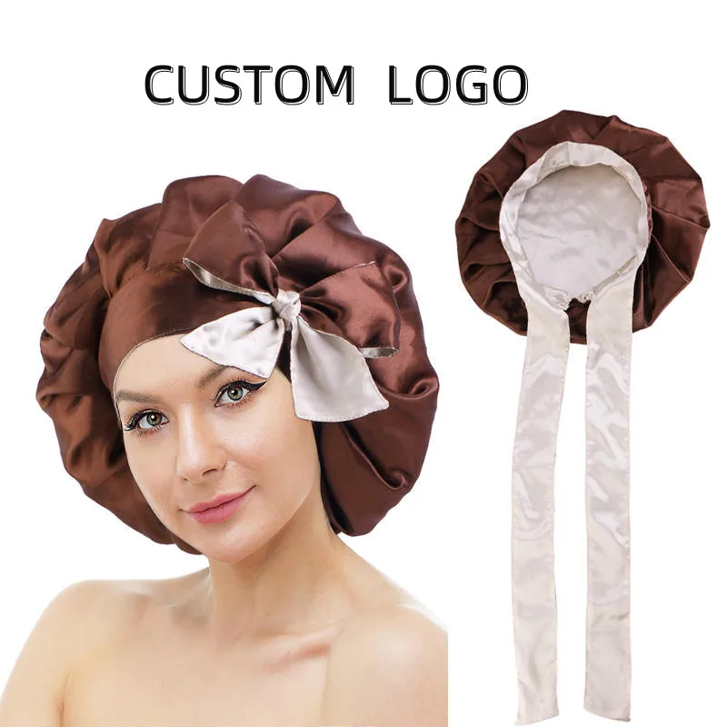 

Custom Low Moq Big Size Satin Silky Women Bonnets with Tied Band