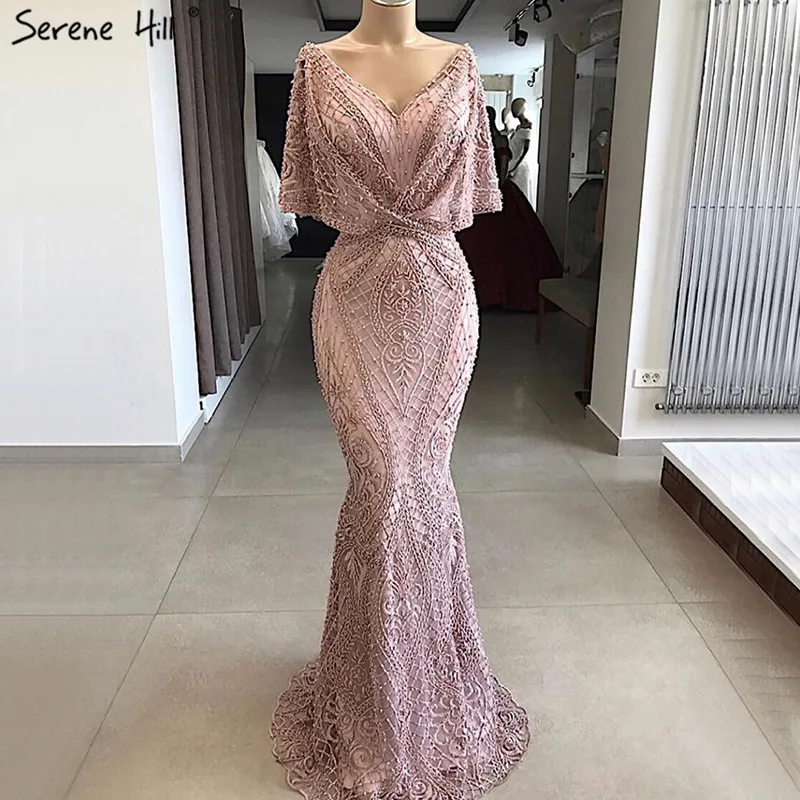 

Elegant Pink Half Sleeves Pearls Lace Evening Dresses 2021 Serene Hill LA70156 V Neck Beaded Long Party Gowns Fow Women