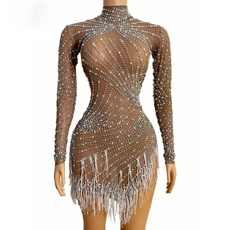 

Sparkly Silver Rhinestones See Through evening club party Performance Wear women gowns mini dress