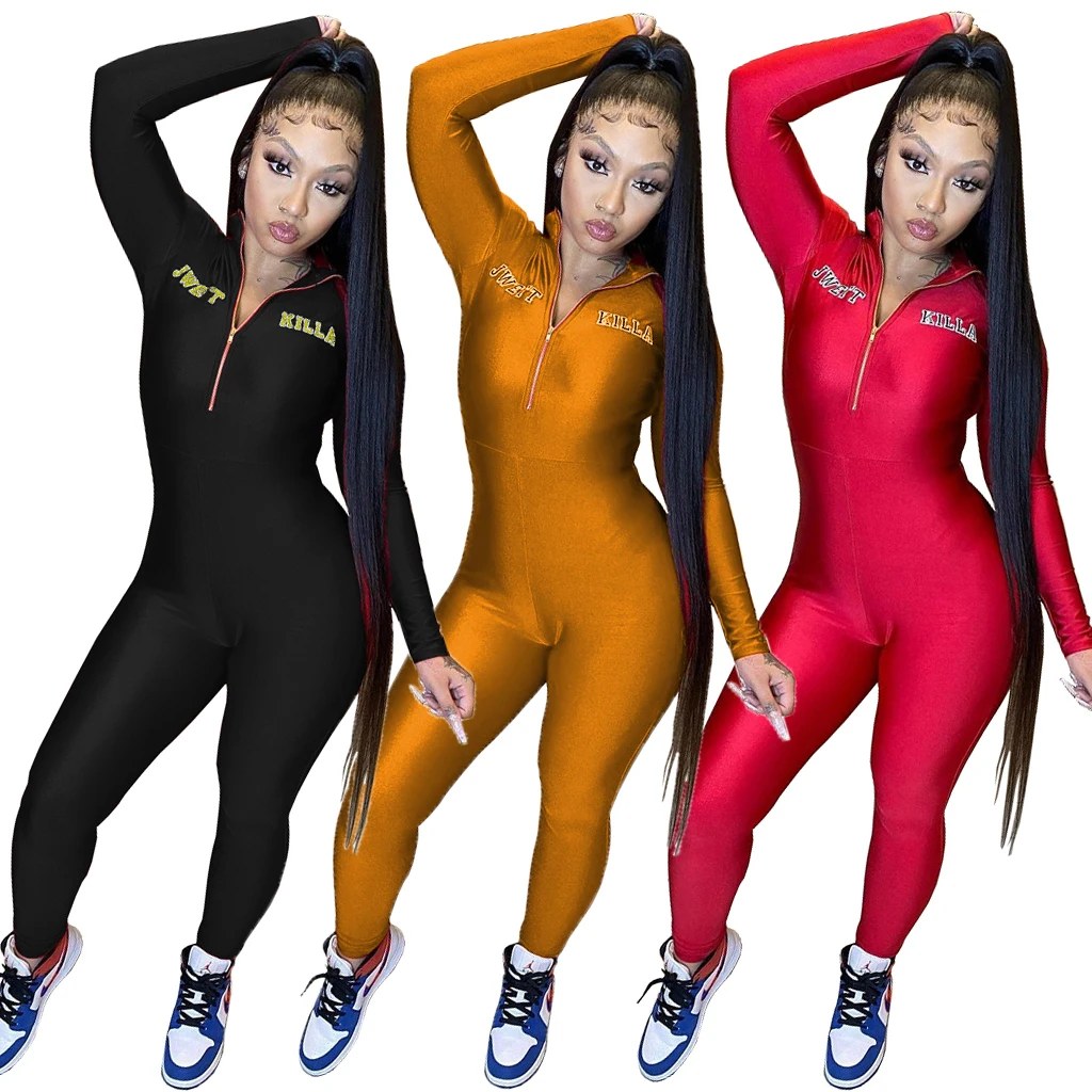 

2020 Women's Latest Fashion High Collar Zipper Slim Fit Onesie