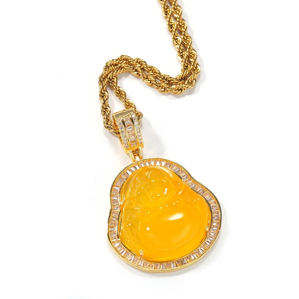 

Top ice zircon jewelry wholesale natural sterling silver gold plated maitreya agate lady pink jade Buddha pendant necklace