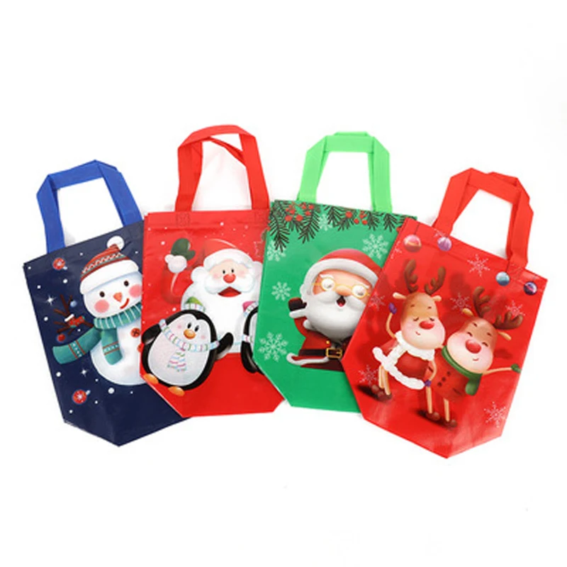 

12 Pieces/Set Christmas Eco Friendly Gift Bag Reusable Color Printing Laminated Thick Christmas Sublimation Non-Woven Bag, 4 colors