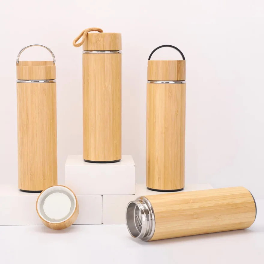 

Hot Sale Premium Bamboo Stainless Steel Vacuum Insulated Thermo Bottle 500ML Double Walled Coffee tea infuser Tumbler Flask, Customized color acceptable