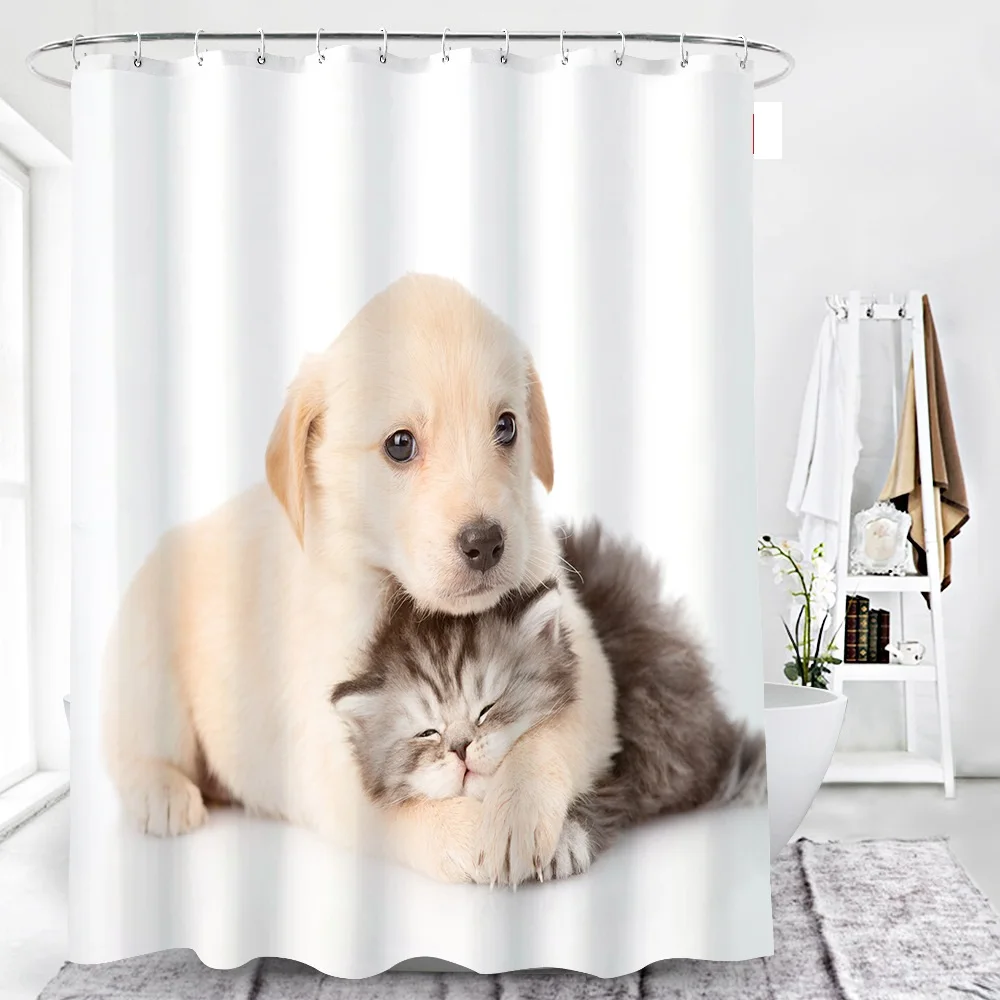 

Lovely Puppy Dog Cat Shower Curtain Cat Custom Photo Digital Print Shower Curtain for Kids