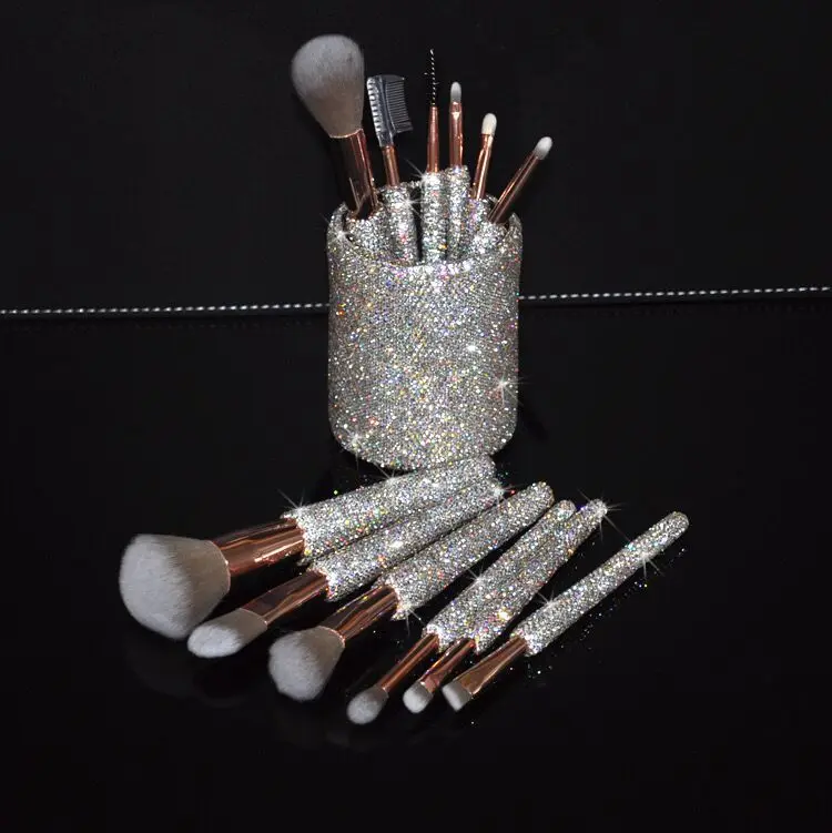 

12pcs rhinestone makeup brushes pink top soft fur glitter makeup brush set, White, red, pink, brown