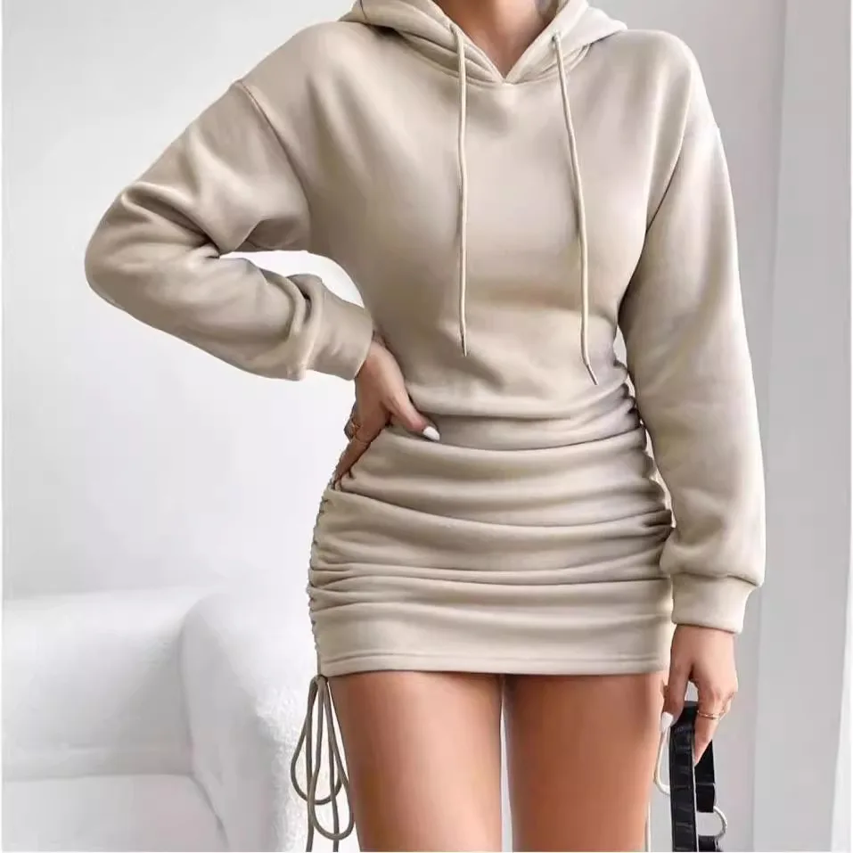 Latest Design Casual Hoodie Dresses Women Lady Drawstring Design Hooded Hip Long Sleeve Hoodie Dress Woman