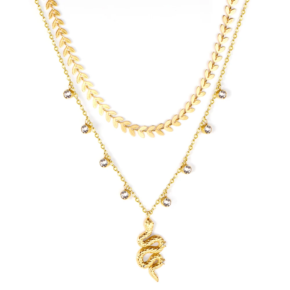 

Wholesale custom 18k gold plated stainless steel layers chains snake charm necklace, Gold/silver available
