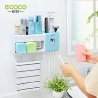 

ECOCO Bathroom punch free installation dryer organizer automatic toothpaste pump dispenser with 4pcs Toothbrush Holder 3pcs cups
