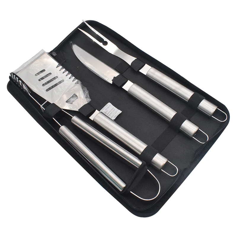 

4pcs stainless steel Barbecue tool set with Oxford Bag with fork with tong with knife with spatula, Light grey