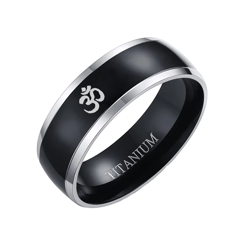 POYA Wholesale 8mm AUM OM Black Ring Finger Ring for Men Black Titanium Mens Ring Wedding Band