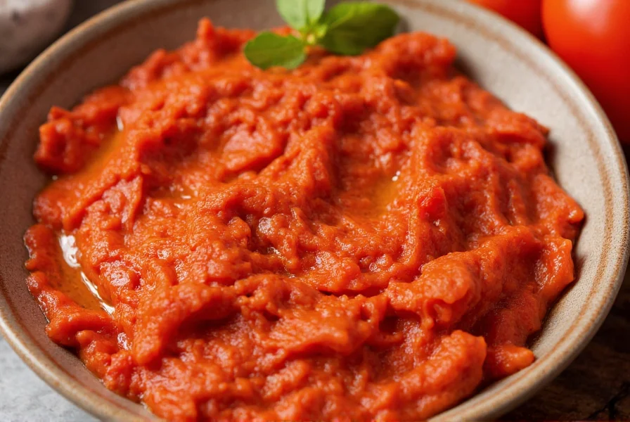 Close-up of vibrant red pepper spread in a ceramic bowl with fresh bell peppers and olive oil drizzle