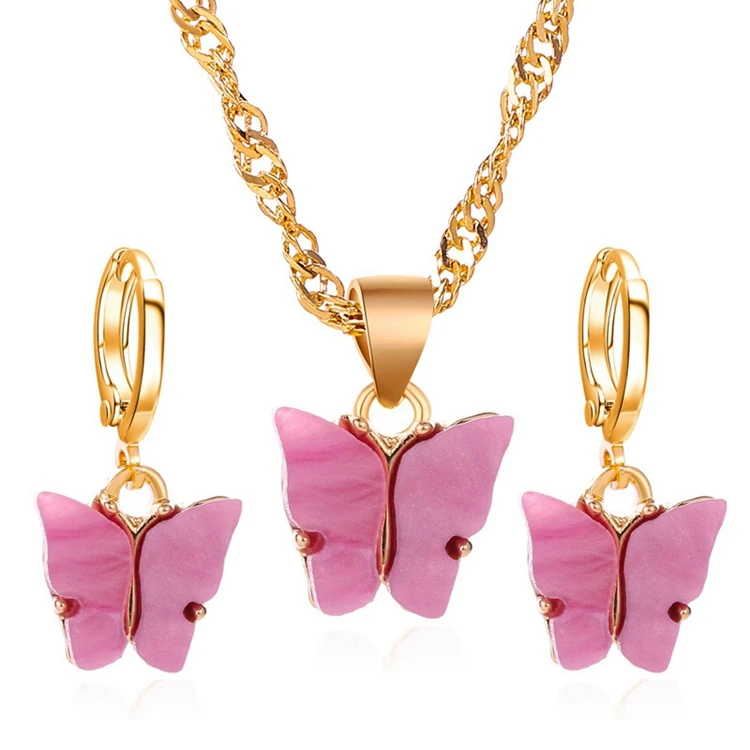 

Wholesale Elegant Colorful Resin Acrylic Butterfly Pendant Women Ladies Necklace Earring Jewelry Sets For Girls, As photo