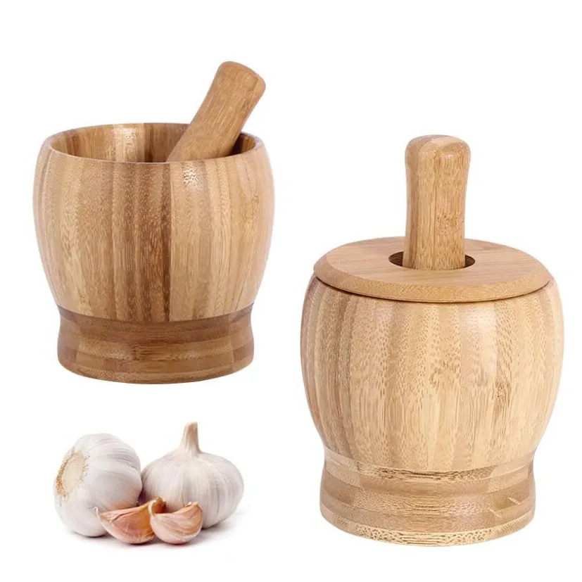 

Household Kitchen Manual Garlic Press Food Herb Spice Masher Grinder Chopper Bamboo Wood Mortar and Pestle Set