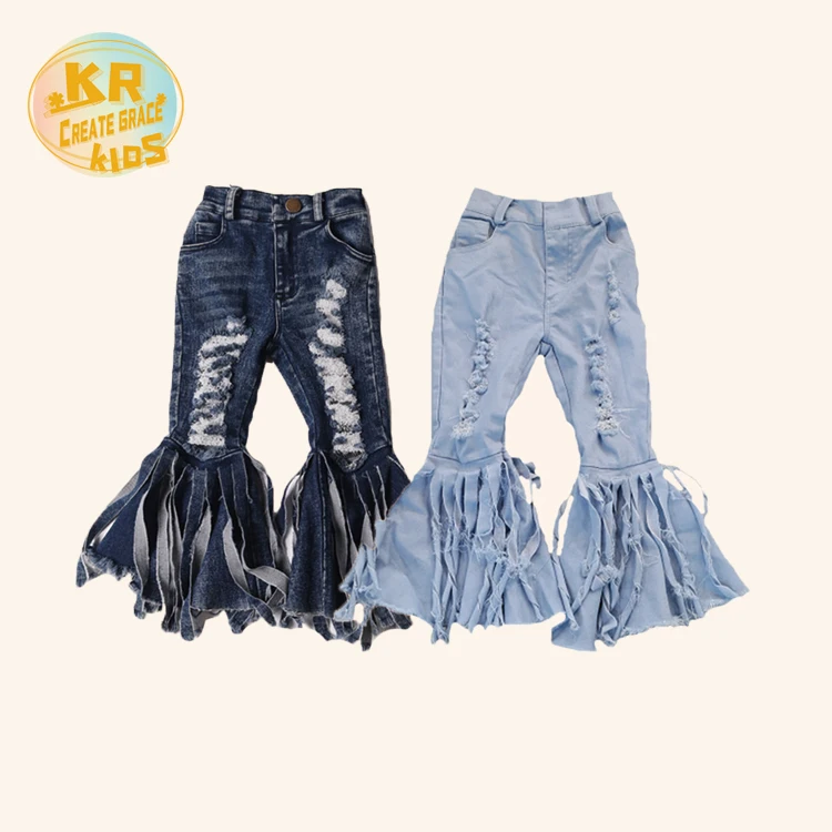 

Boutique High Quality Girls Pants Girls Flare Pants Jeans Hole Tassels Bell-Bottom Jeans