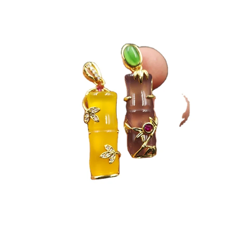 

925 Silver Inlaid Yellow Chalcedony Bamboo Pendant Pendant