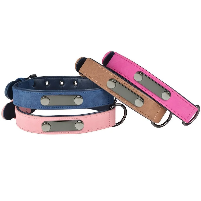 

Leather PU Customized Pet Adjustable Tensile Microfiber Anti lost Lettering Dog Collar, Red, blue, pink, brown