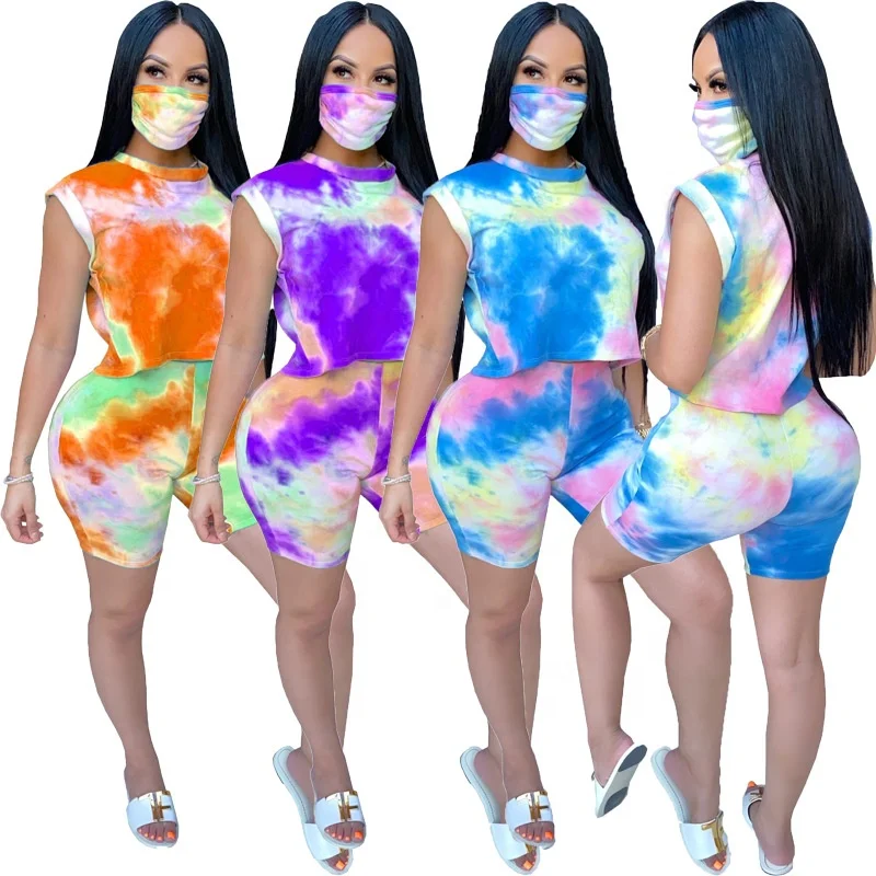 

MT30-8053 Rainbow Women's Costumes Sleeveless Loose Crop Top Biker Jogger Short Casual Plus Size Outfits Tie Dye Two Piece Set