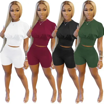 

wholesale 2021 lady casual Biker suit outfits solid color two piece short set 2 piece set women clothing