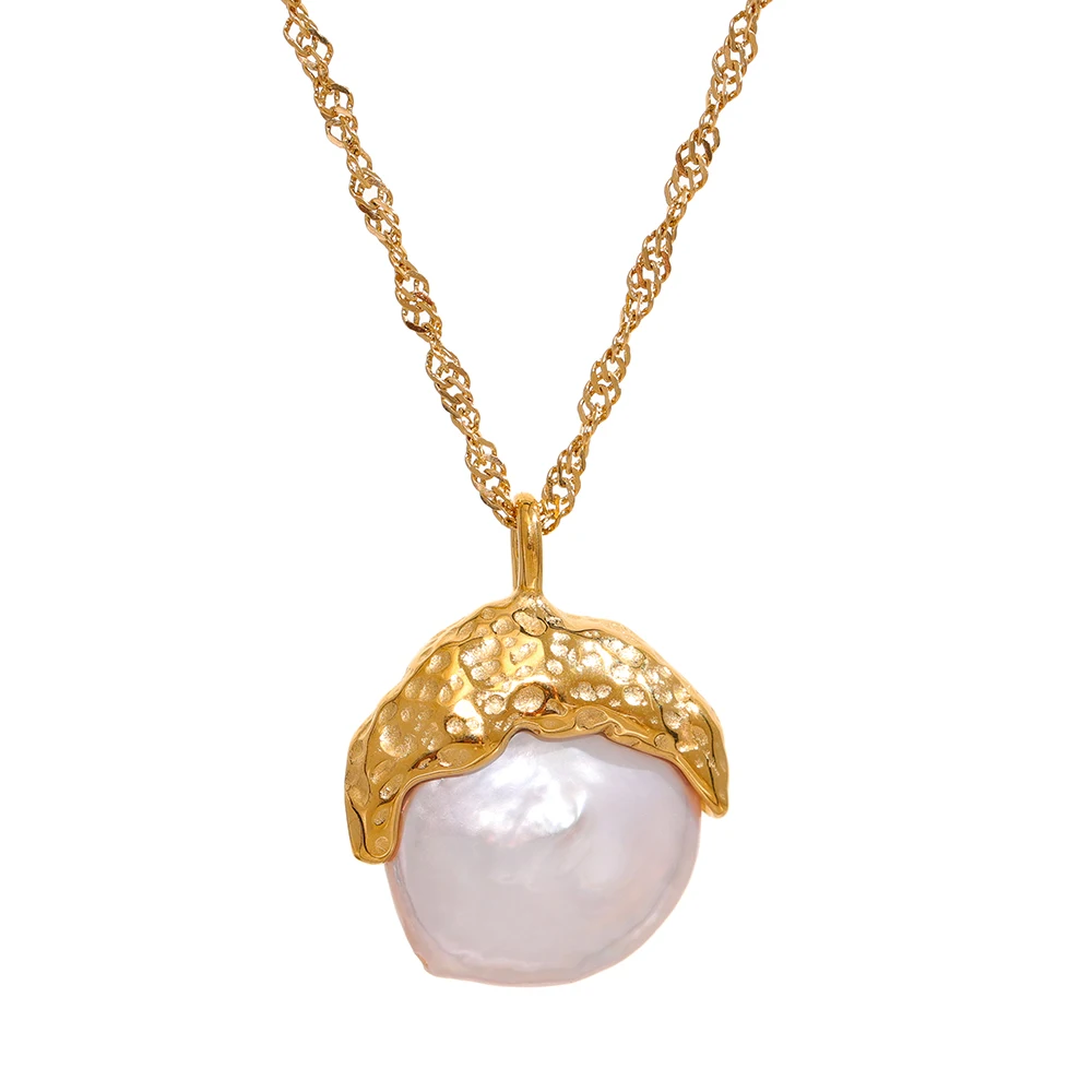 

JINYOU 882 Charm Fashion Stainless Steel Big Nature Freshwater Baroque Pearl Pendant Necklace 18k Gold Plated Jewelry Women