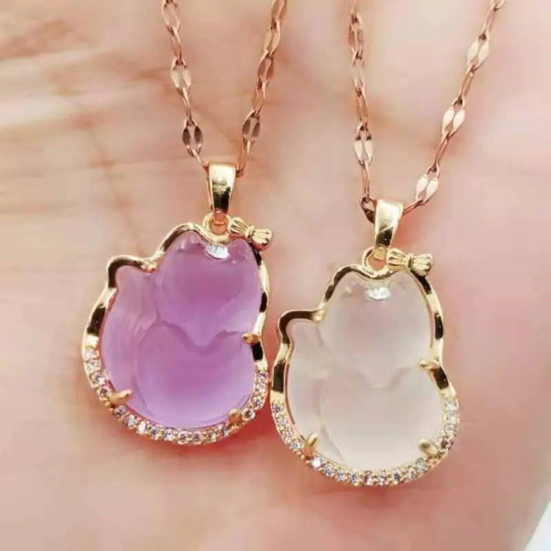 

Charming Women Fox Pendant Jewelry Chinese Natural Stone White Pink Jade Gold Plated Necklace Wholesale, Pink , white